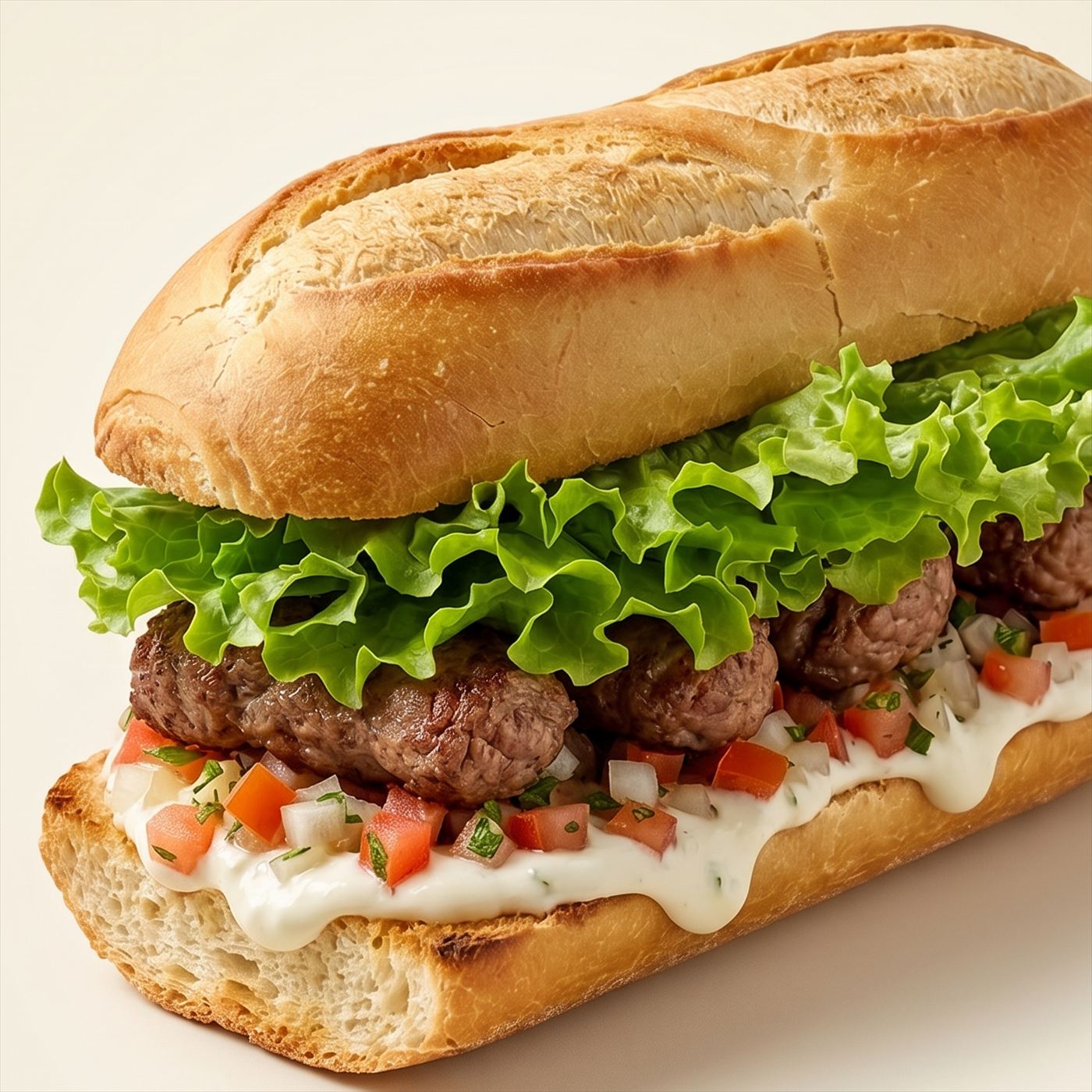 Baguete 2R prensada na grelha, recheada com espetos, alface e vinagrete